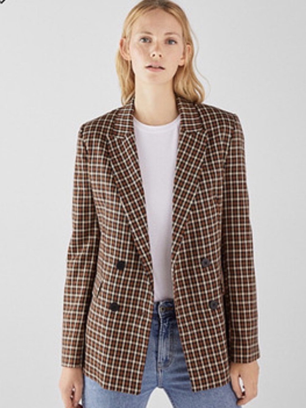 Bershka Brown Plaid Double-Breasted Blazer Jacket